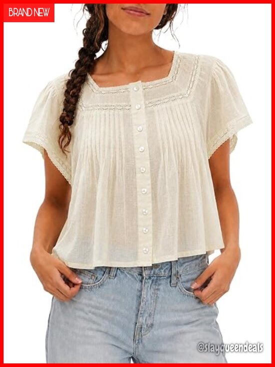 Tops - 100% Cotton Lace Babydoll Top Square Neck Flutter Sleeve Button Down Crop Blouse